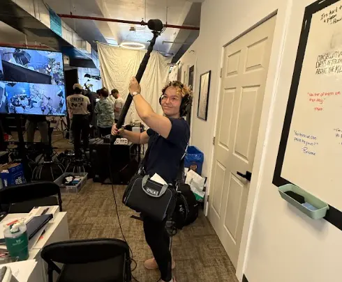 The sound department works on set